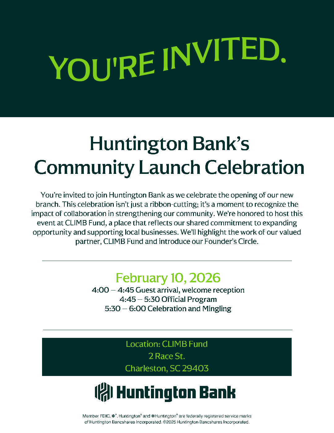 MEDIA ADVISORY: Huntington Bank and CLIMB Fund to Host Community Launch Celebration for First Charleston Branch